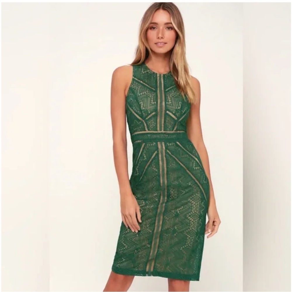 Bardot Eve Green Lace Sheath Midi Cocktail Dress US10/L EUR42 UAS/UK 14